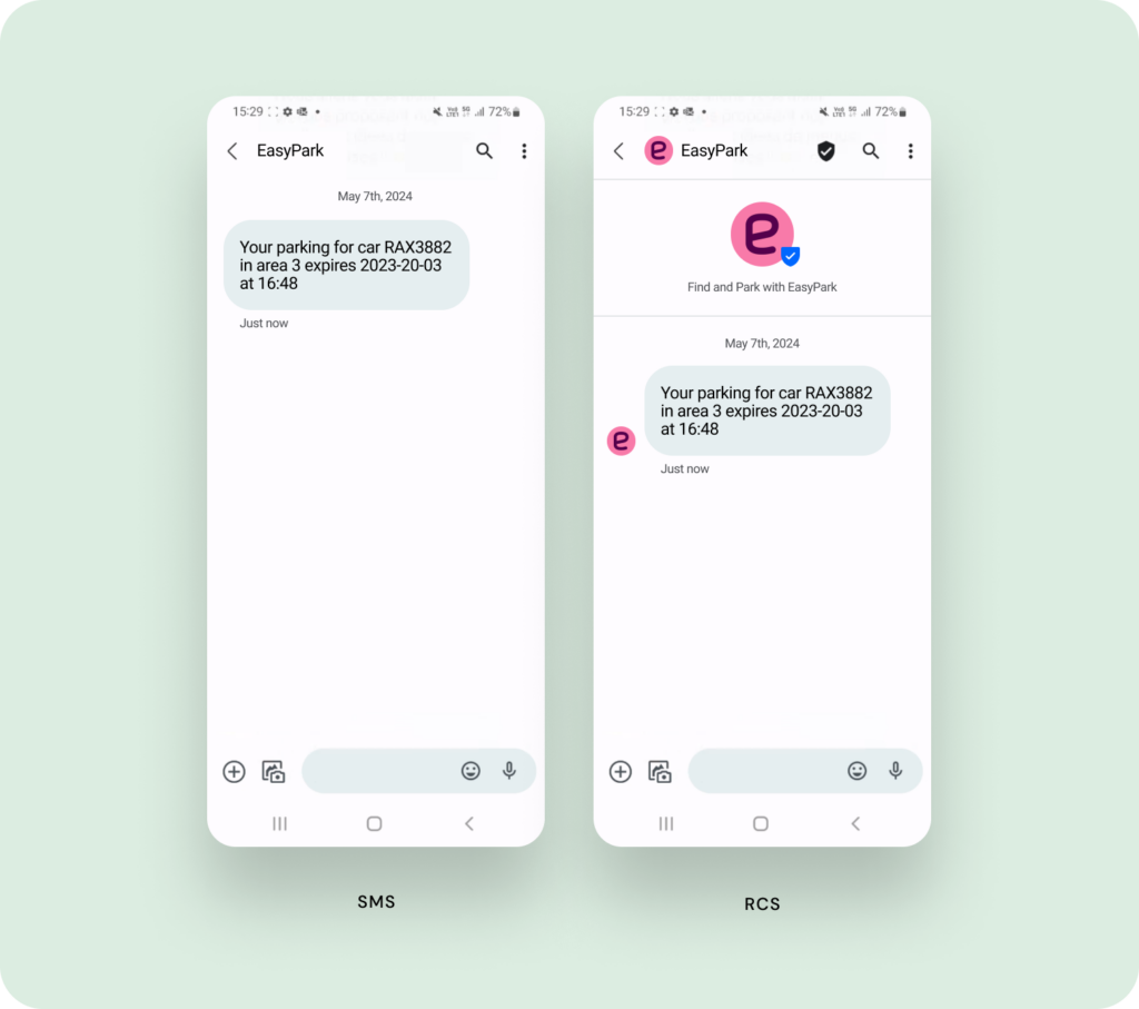 Visual comparison of EasyPark alerts in SMS and RCS, with the RCS message coming from a branded, verified profile